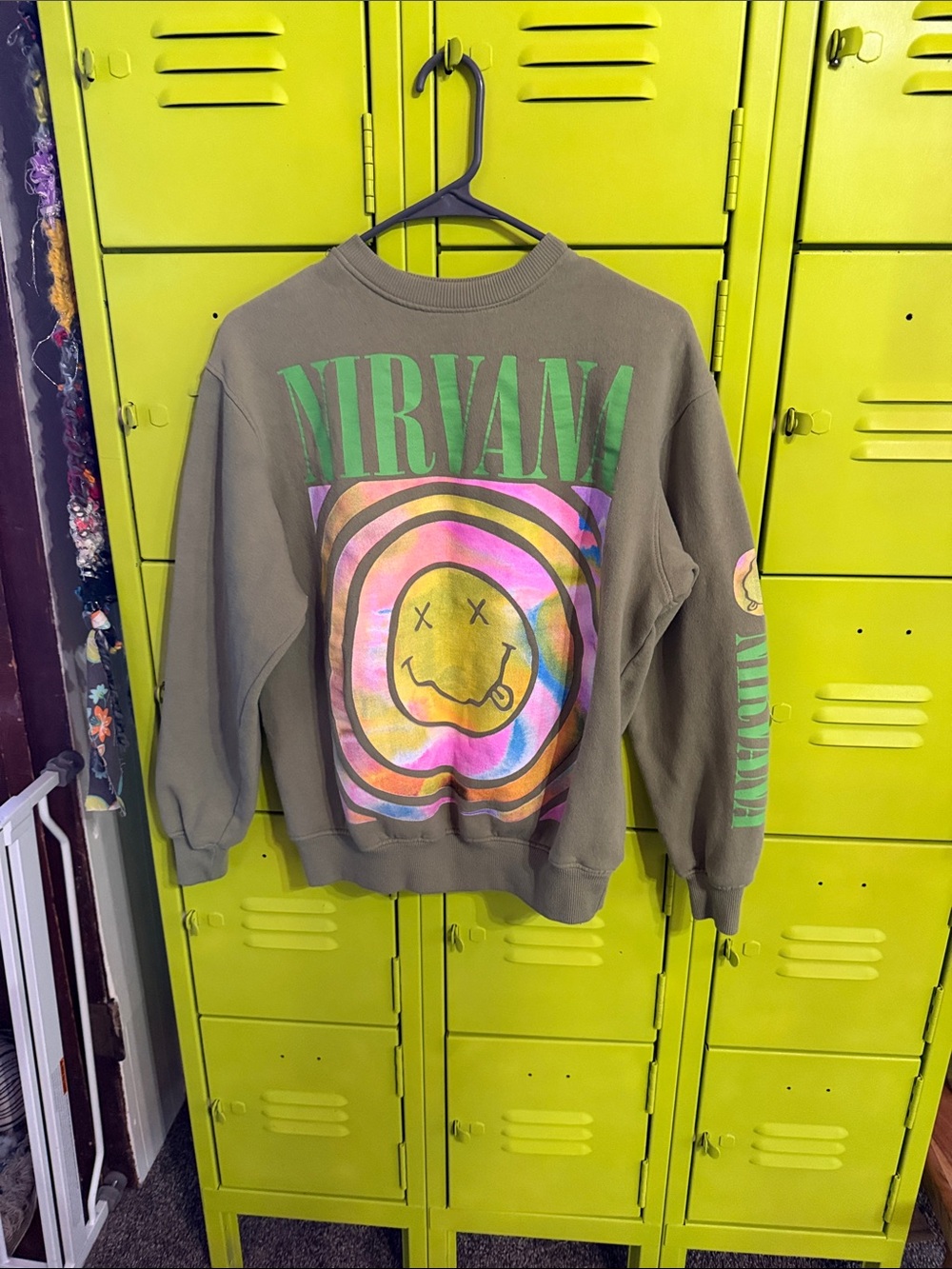 NIRVANA Olive Crewneck with Neon Smiley Graphic
